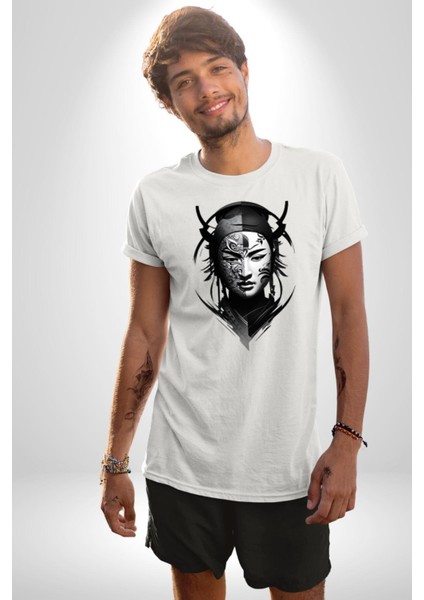 Asyalı Samuray Siyah Beyaz Dövmeli Çift Yüz Kadın Erkek Unisex Beyaz Organik Baskılı T-Shirt Penye Yüksek Kalite fiyatları