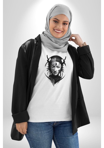 Asyalı Samuray Siyah Beyaz Dövmeli Çift Yüz Kadın Erkek Unisex Beyaz Organik Baskılı T-Shirt Penye Yüksek Kalite fırsatları