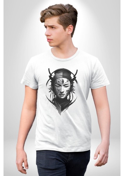 Asyalı Samuray Siyah Beyaz Dövmeli Çift Yüz Kadın Erkek Unisex Beyaz Organik Baskılı T-Shirt Penye Yüksek Kalite indirimleri