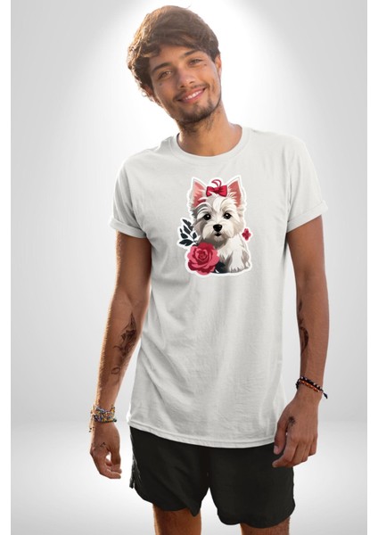Beyaz Highland Teriyeri Kırmızı Gül Kadın Erkek Unisex Beyaz Organik Baskılı T-Shirt Penye Yüksek Kalite