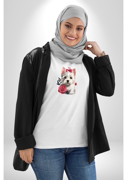 Beyaz Highland Teriyeri Kırmızı Gül Kadın Erkek Unisex Beyaz Organik Baskılı T-Shirt Penye Yüksek Kalite modelleri