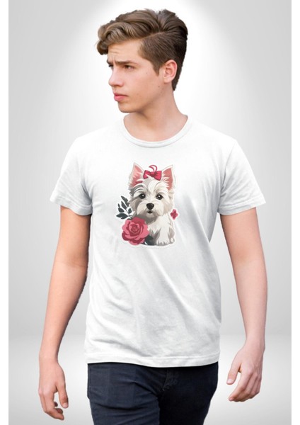 Beyaz Highland Teriyeri Kırmızı Gül Kadın Erkek Unisex Beyaz Organik Baskılı T-Shirt Penye Yüksek Kalite fırsatları