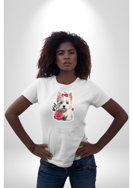 Beyaz Highland Teriyeri Kırmızı Gül Kadın Erkek Unisex Beyaz Organik Baskılı T-Shirt Penye Yüksek Kalite indirimleri