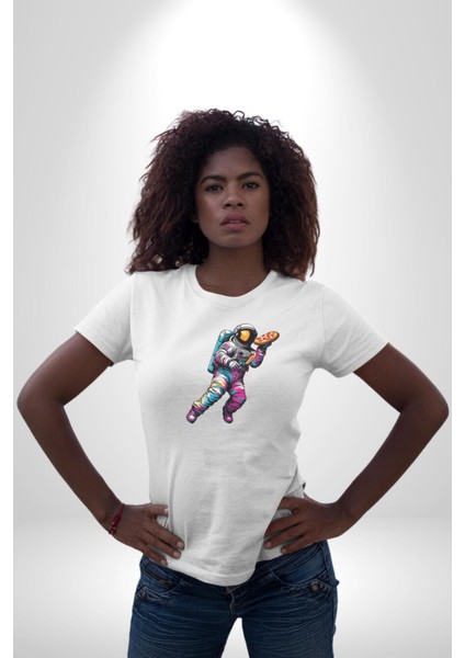Pizza Servisi Uzay Kurye Kadın Erkek Unisex Beyaz Organik Baskılı T-Shirt Penye Yüksek Kalite