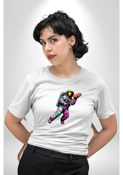 Pizza Servisi Uzay Kurye Kadın Erkek Unisex Beyaz Organik Baskılı T-Shirt Penye Yüksek Kalite fiyatları