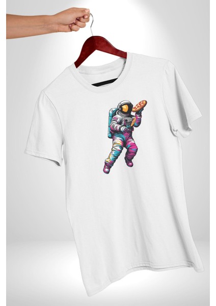 Pizza Servisi Uzay Kurye Kadın Erkek Unisex Beyaz Organik Baskılı T-Shirt Penye Yüksek Kalite indirimleri