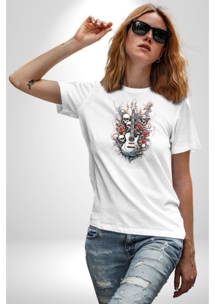 Gitar Kafatası Güller Doğa Uyumu Kadın Erkek Unisex Beyaz Organik Baskılı T-Shirt Penye Yüksek Kalite