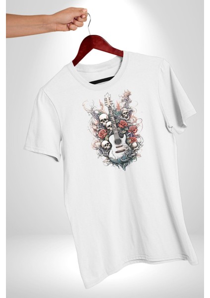 Gitar Kafatası Güller Doğa Uyumu Kadın Erkek Unisex Beyaz Organik Baskılı T-Shirt Penye Yüksek Kalite fiyatları