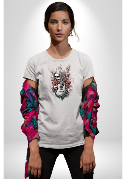 Gitar Kafatası Güller Doğa Uyumu Kadın Erkek Unisex Beyaz Organik Baskılı T-Shirt Penye Yüksek Kalite modelleri