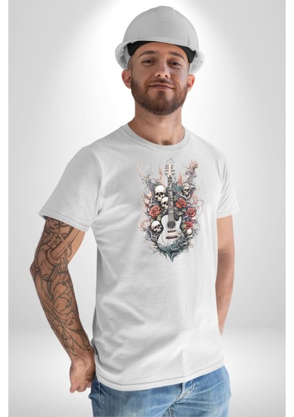 Gitar Kafatası Güller Doğa Uyumu Kadın Erkek Unisex Beyaz Organik Baskılı T-Shirt Penye Yüksek Kalite indirimleri