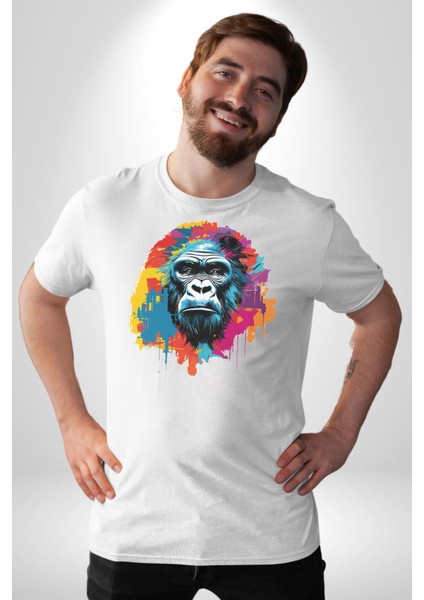 Renkli Maymun Goril Kadın Erkek Unisex Beyaz Organik Baskılı T-Shirt Penye Yüksek Kalite fiyatları