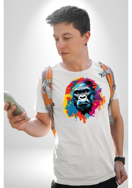 Renkli Maymun Goril Kadın Erkek Unisex Beyaz Organik Baskılı T-Shirt Penye Yüksek Kalite modelleri