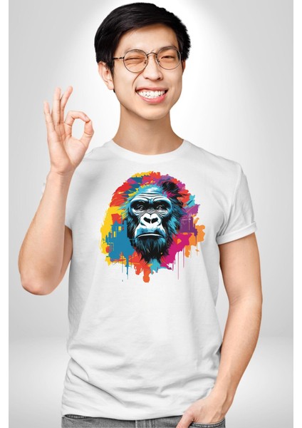 Renkli Maymun Goril Kadın Erkek Unisex Beyaz Organik Baskılı T-Shirt Penye Yüksek Kalite fırsatları