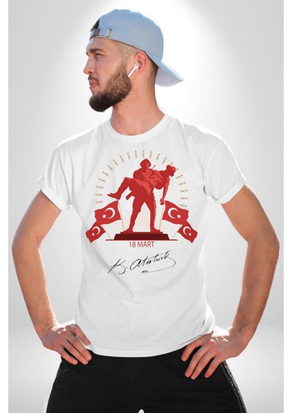 18 Mart Çanakkale Atatürk Imzası Kadın Erkek Unisex Beyaz Organik Baskılı T-Shirt Penye Yüksek Kalite