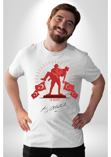 18 Mart Çanakkale Atatürk Imzası Kadın Erkek Unisex Beyaz Organik Baskılı T-Shirt Penye Yüksek Kalite fırsatları