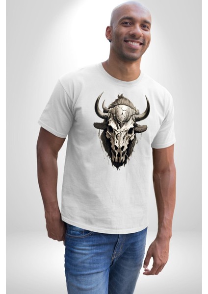 Bizon Inek Kafatası Kurumuş Kadın Erkek Unisex Beyaz Organik Baskılı T-Shirt Penye Yüksek Kalite