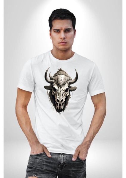 Bizon Inek Kafatası Kurumuş Kadın Erkek Unisex Beyaz Organik Baskılı T-Shirt Penye Yüksek Kalite modelleri
