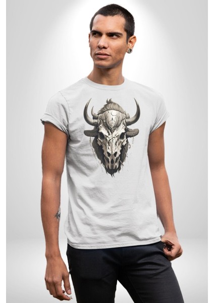 Bizon Inek Kafatası Kurumuş Kadın Erkek Unisex Beyaz Organik Baskılı T-Shirt Penye Yüksek Kalite fırsatları