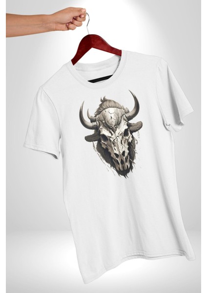 Bizon Inek Kafatası Kurumuş Kadın Erkek Unisex Beyaz Organik Baskılı T-Shirt Penye Yüksek Kalite indirimleri