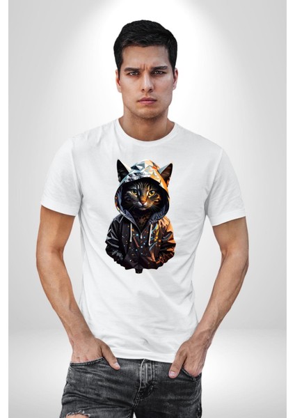 Hip Hop Gençlik Kedi Çeket Kadın Erkek Unisex Beyaz Organik Baskılı T-Shirt Penye Yüksek Kalite