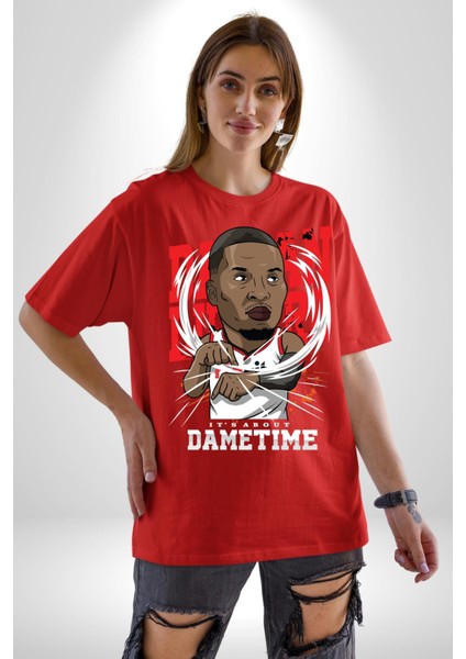 Basketbol Oyun Zamanı Pamuklu Bisiklet Yaka Kadın Erkek Oversize Boyfriend Dijital Baskılı Kırmızı T-Shirt fiyatları