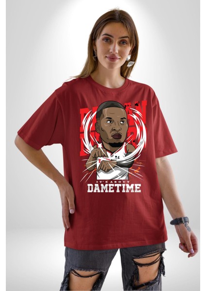 Basketbol Oyun Zamanı Pamuklu Bisiklet Yaka Kadın Erkek Oversize Boyfriend Dijital Baskılı Kırmızı T-Shirt fırsatları