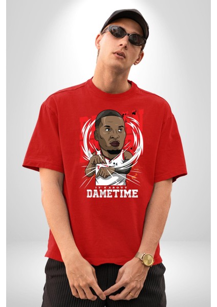 Basketbol Oyun Zamanı Pamuklu Bisiklet Yaka Kadın Erkek Oversize Boyfriend Dijital Baskılı Kırmızı T-Shirt indirimleri