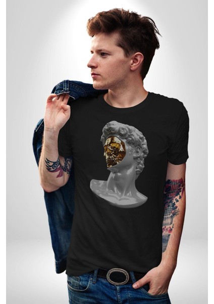 Modern Sanat Apollo Kadın Erkek Unisex Siyah Organik Baskılı T-Shirt Penye Yüksek Kalite