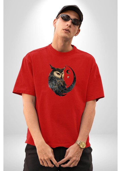 Ay Yıldız Bakır Renk Baykuş Pamuklu Bisiklet Yaka Kadın Erkek Oversize Boyfriend Dijital Baskılı Kırmızı T-Shirt
