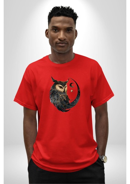 Ay Yıldız Bakır Renk Baykuş Pamuklu Bisiklet Yaka Kadın Erkek Oversize Boyfriend Dijital Baskılı Kırmızı T-Shirt