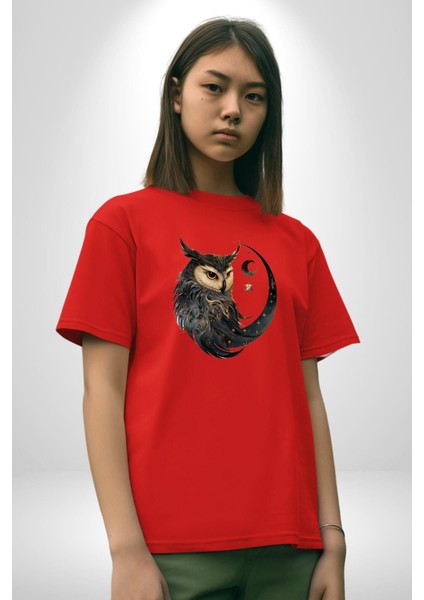 Ay Yıldız Bakır Renk Baykuş Pamuklu Bisiklet Yaka Kadın Erkek Oversize Boyfriend Dijital Baskılı Kırmızı T-Shirt
