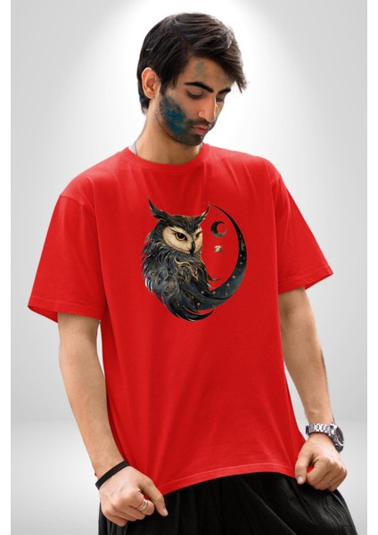 Ay Yıldız Bakır Renk Baykuş Pamuklu Bisiklet Yaka Kadın Erkek Oversize Boyfriend Dijital Baskılı Kırmızı T-Shirt