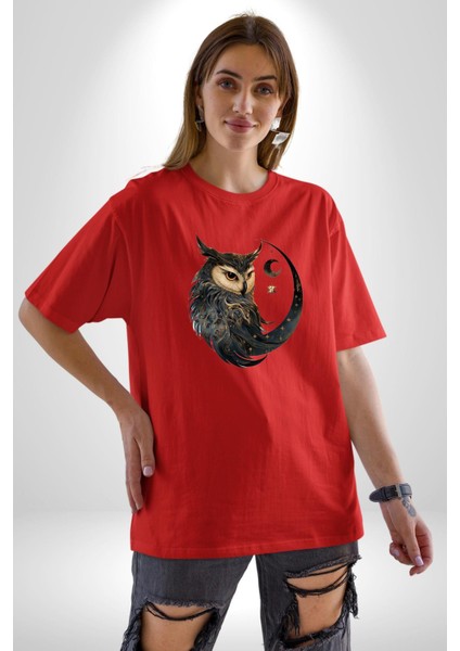Ay Yıldız Bakır Renk Baykuş Pamuklu Bisiklet Yaka Kadın Erkek Oversize Boyfriend Dijital Baskılı Kırmızı T-Shirt