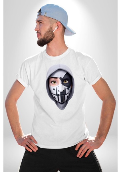 Maske Takan Kahraman Kafası Kadın Erkek Unisex Beyaz Organik Baskılı T-Shirt Penye Yüksek Kalite