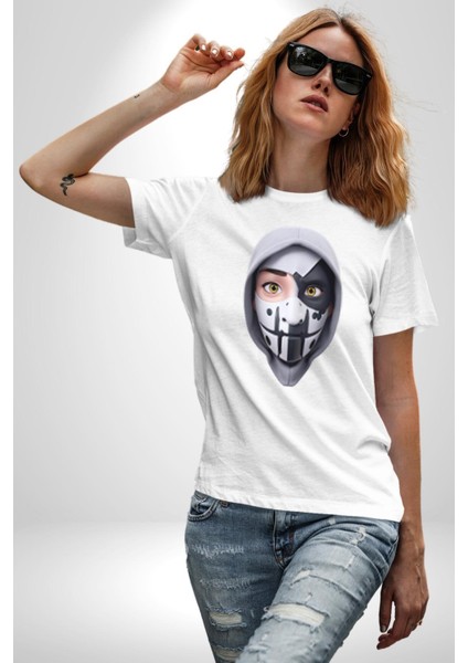 Maske Takan Kahraman Kafası Kadın Erkek Unisex Beyaz Organik Baskılı T-Shirt Penye Yüksek Kalite