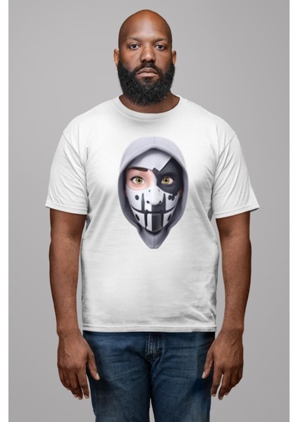 Maske Takan Kahraman Kafası Kadın Erkek Unisex Beyaz Organik Baskılı T-Shirt Penye Yüksek Kalite