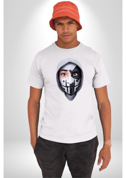 Maske Takan Kahraman Kafası Kadın Erkek Unisex Beyaz Organik Baskılı T-Shirt Penye Yüksek Kalite