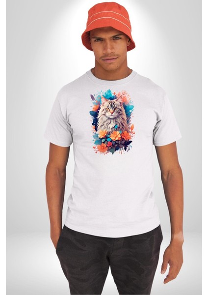 Çiçek Kedi Sulu Boya Kadın Erkek Unisex Beyaz Organik Baskılı T-Shirt Penye Yüksek Kalite fiyatları