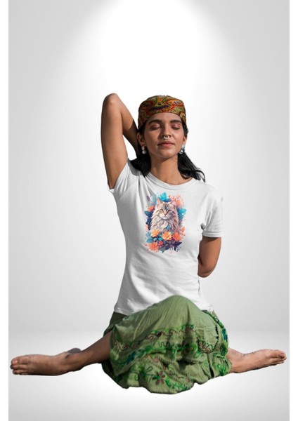 Çiçek Kedi Sulu Boya Kadın Erkek Unisex Beyaz Organik Baskılı T-Shirt Penye Yüksek Kalite modelleri