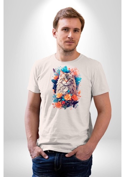 Çiçek Kedi Sulu Boya Kadın Erkek Unisex Beyaz Organik Baskılı T-Shirt Penye Yüksek Kalite fırsatları