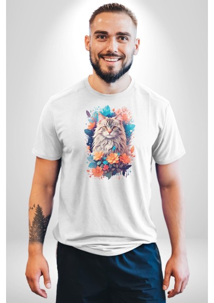 Çiçek Kedi Sulu Boya Kadın Erkek Unisex Beyaz Organik Baskılı T-Shirt Penye Yüksek Kalite indirimleri