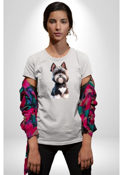 Sevimli Beyaz Gri Köpek Kadın Erkek Unisex Beyaz Organik Baskılı T-Shirt Penye Yüksek Kalite