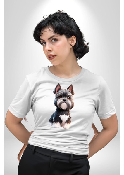 Sevimli Beyaz Gri Köpek Kadın Erkek Unisex Beyaz Organik Baskılı T-Shirt Penye Yüksek Kalite modelleri