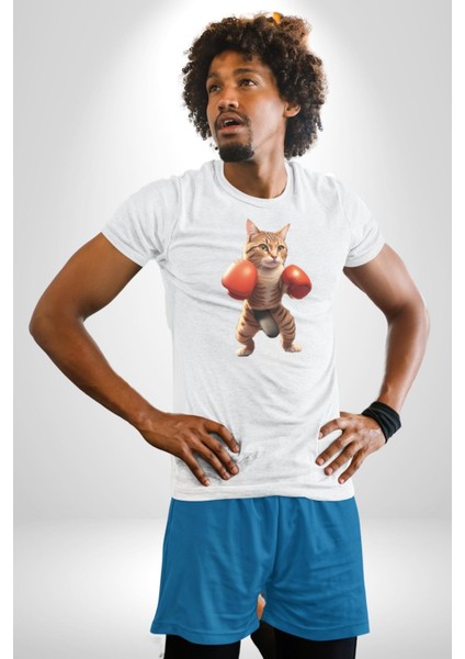 Boks Yapan Kedi Kadın Erkek Unisex Beyaz Organik Baskılı T-Shirt Penye Yüksek Kalite
