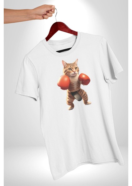 Boks Yapan Kedi Kadın Erkek Unisex Beyaz Organik Baskılı T-Shirt Penye Yüksek Kalite modelleri
