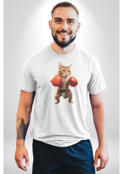 Boks Yapan Kedi Kadın Erkek Unisex Beyaz Organik Baskılı T-Shirt Penye Yüksek Kalite fırsatları