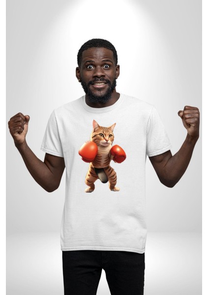 Boks Yapan Kedi Kadın Erkek Unisex Beyaz Organik Baskılı T-Shirt Penye Yüksek Kalite indirimleri