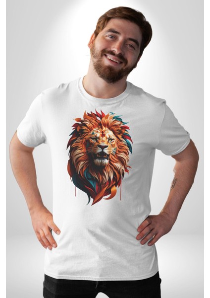 Renkli Kaplan Kükrüyor Kadın Erkek Unisex Beyaz Organik Baskılı T-Shirt Penye Yüksek Kalite