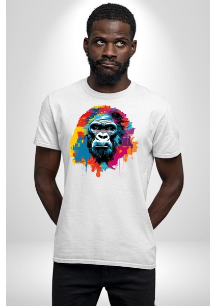Renkli Maymun Goril Kadın Erkek Unisex Beyaz Organik Baskılı T-Shirt Penye Yüksek Kalite indirimleri