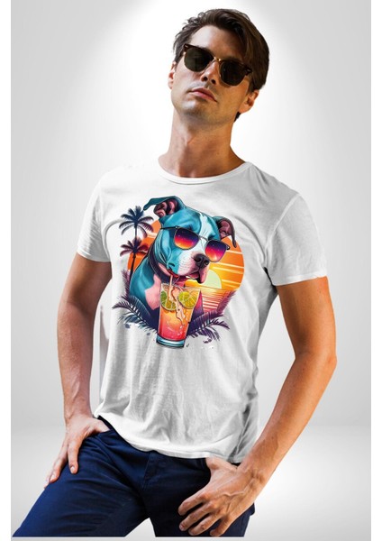 Tatil Köpek Soğuk Kokteyl Içeçek Kadın Erkek Unisex Beyaz Organik Baskılı T-Shirt Penye Yüksek Kalite